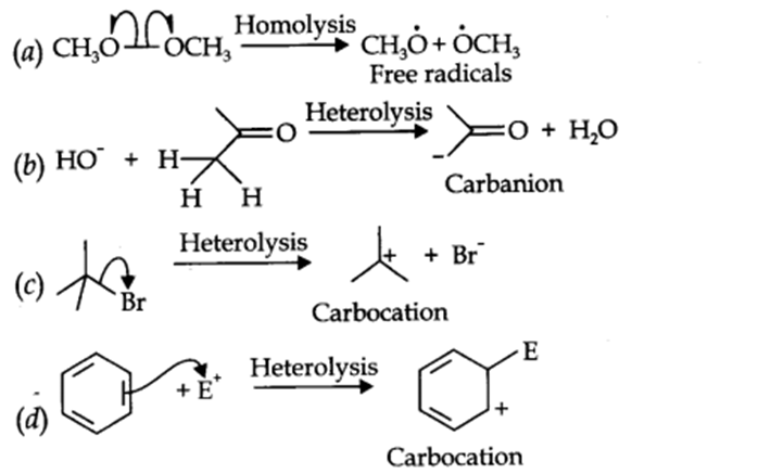 For the following bond cleavages, use curved-arrows to show the electron flow and classify each as homolysis or heterolysis. Identify reactive intermediate produced as free radical, carbocation and carbanion.